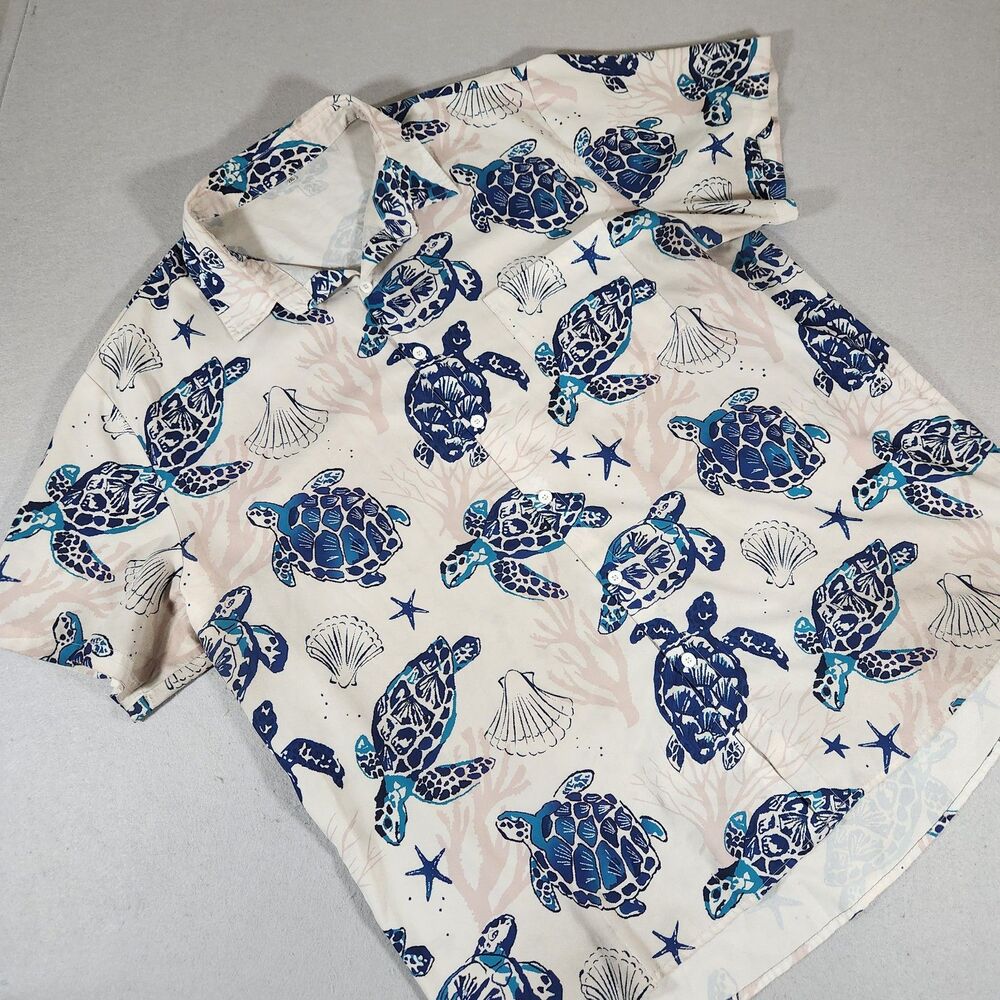 Hawaiian Blue and White Shortsleeve Turtle Shirt Size 2XL